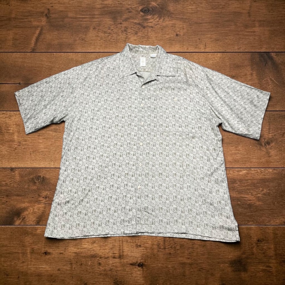 Vintage Burma Bibas Mens 100% Silk Tropical Camp Shirt Sage Green Hibiscus Large